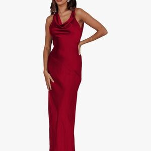 Red Ruched Maxi Dress with Cowl Neck